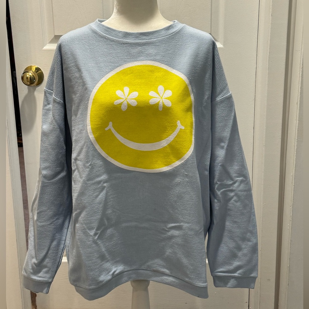 Katydid Light Blue Sweatshirt with Yellow Smiley